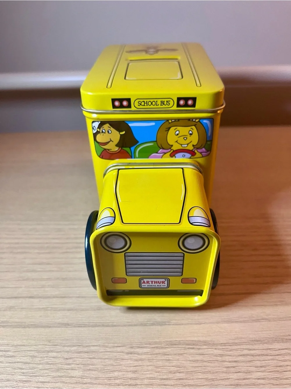 Vintage PBS Kids Arthur School Bus Yellow Tin Coin Bank - 1998 Marc Brown